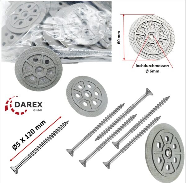 1000 Stk. Dämmstoffteller Dämmstoffhalter Dübelteller Inkl. Schraub 5 X 120mm + 1 Bit