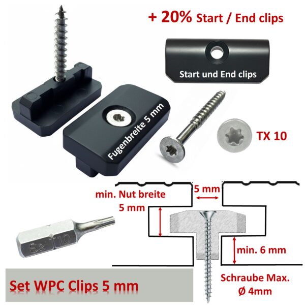 WPC Clips 5 mm Inkl. Schrauben + 20% Start Endclips kostenlos
