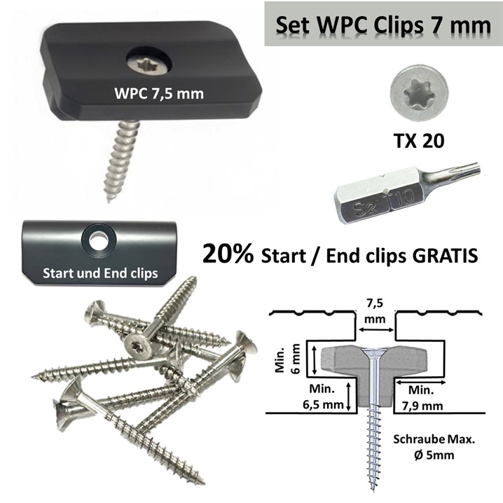 WPC Clips Befestigung Klammern Terrassendielen Montageclip 7,5 mm Inkl. Schrauben + 20 Endclips FREI 6 WPC 7,5 mm Darex GmbH 18